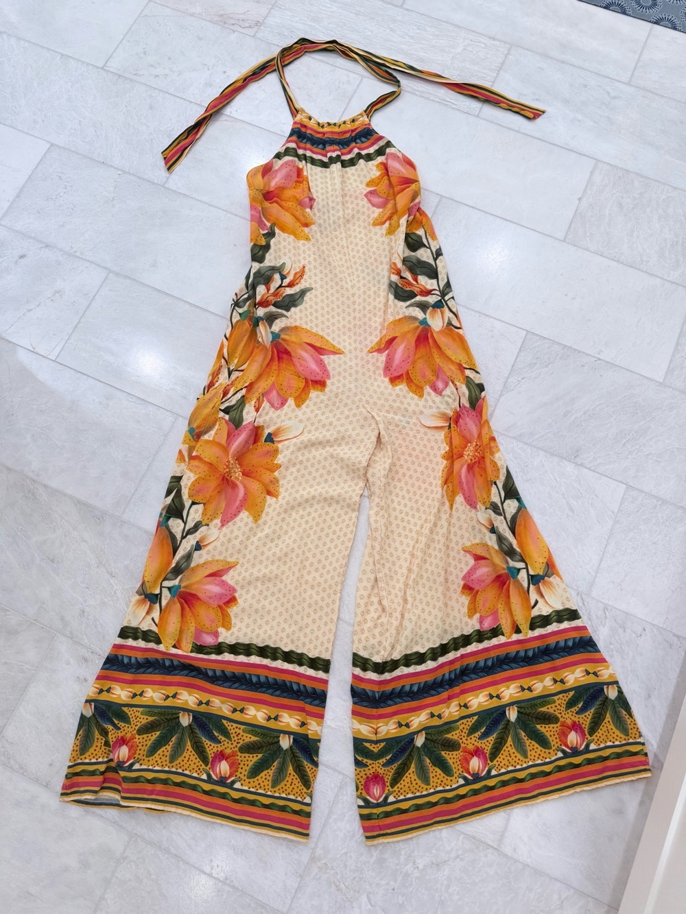FARM Rio Cream Halter Jumpsuit with Orange & Pink Floral Print